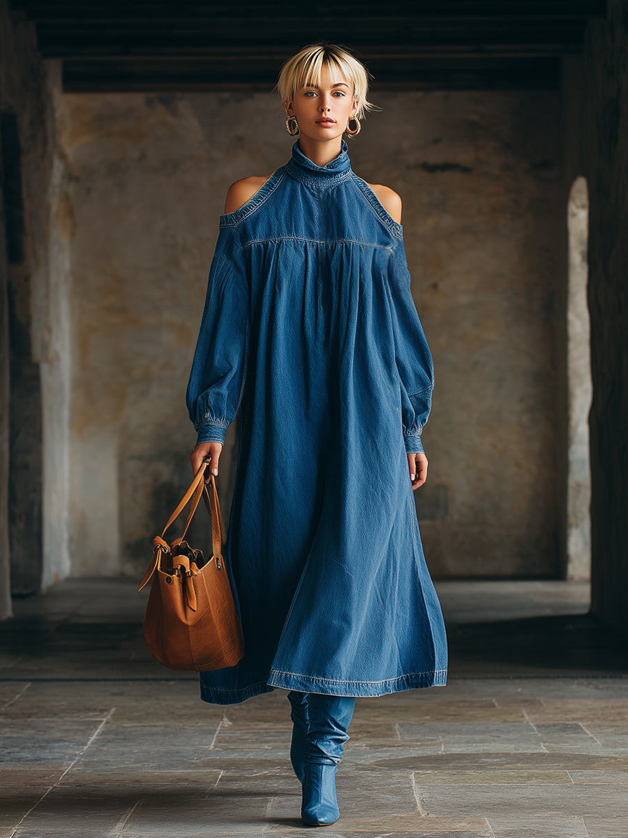 Chic Urban Silhouette Blue Denim Off-shoulder Long-sleeved Maxi Dress