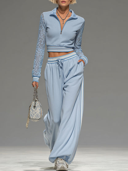 Lace Long-sleeved Zip-up Cropped Top And Wide-leg Pants Set