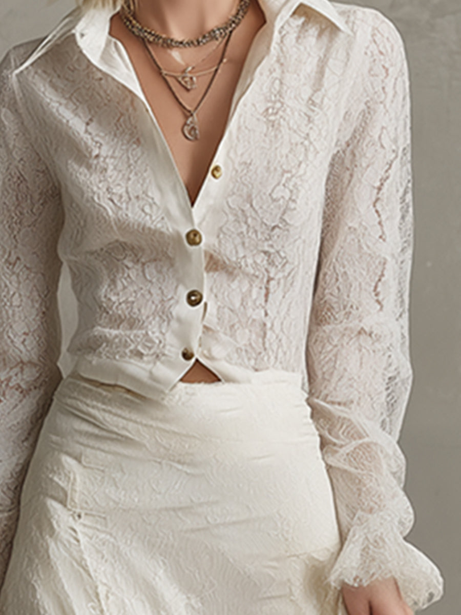 Noble White Collared Lace Shirt And Long Skirt Set