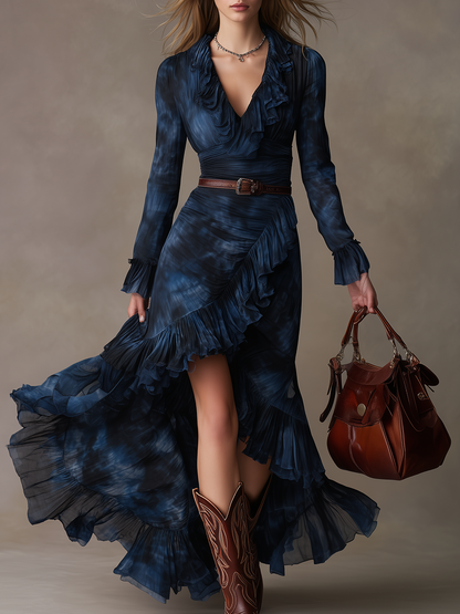 Elegant And Graceful V-neck Printed Chiffon Long Dress