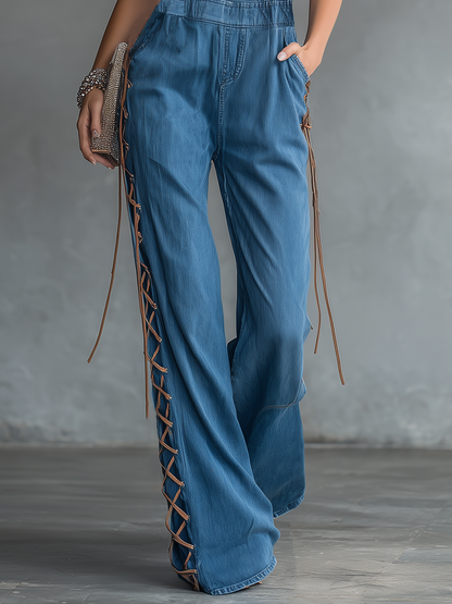 Retro-chic Casual V-neck Drawstring Wide-leg Denim Overalls