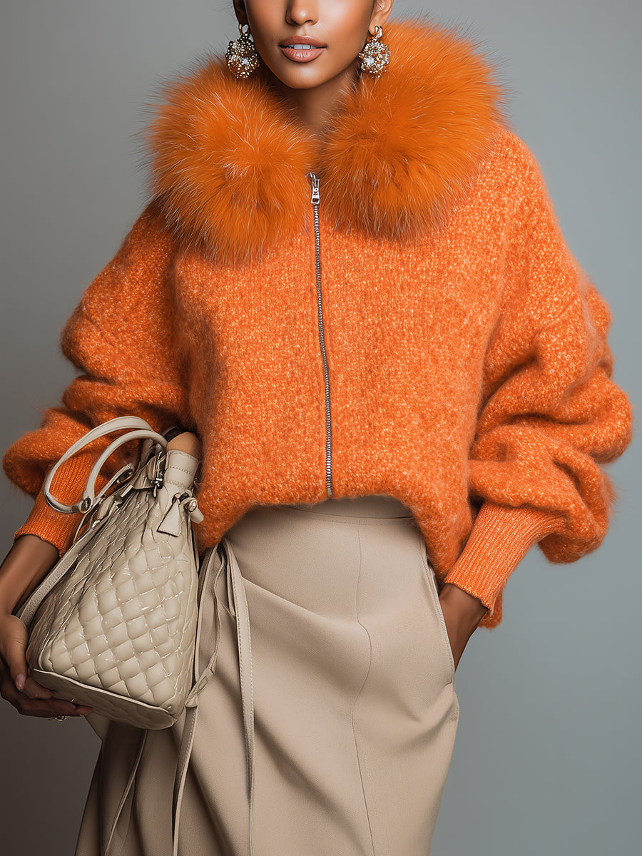 Casual Loose Faux Fur Collar Orange Zipper Front Cardigan
