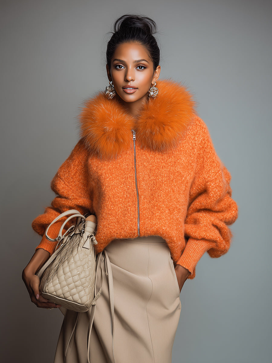 Casual Loose Faux Fur Collar Orange Zipper Front Cardigan