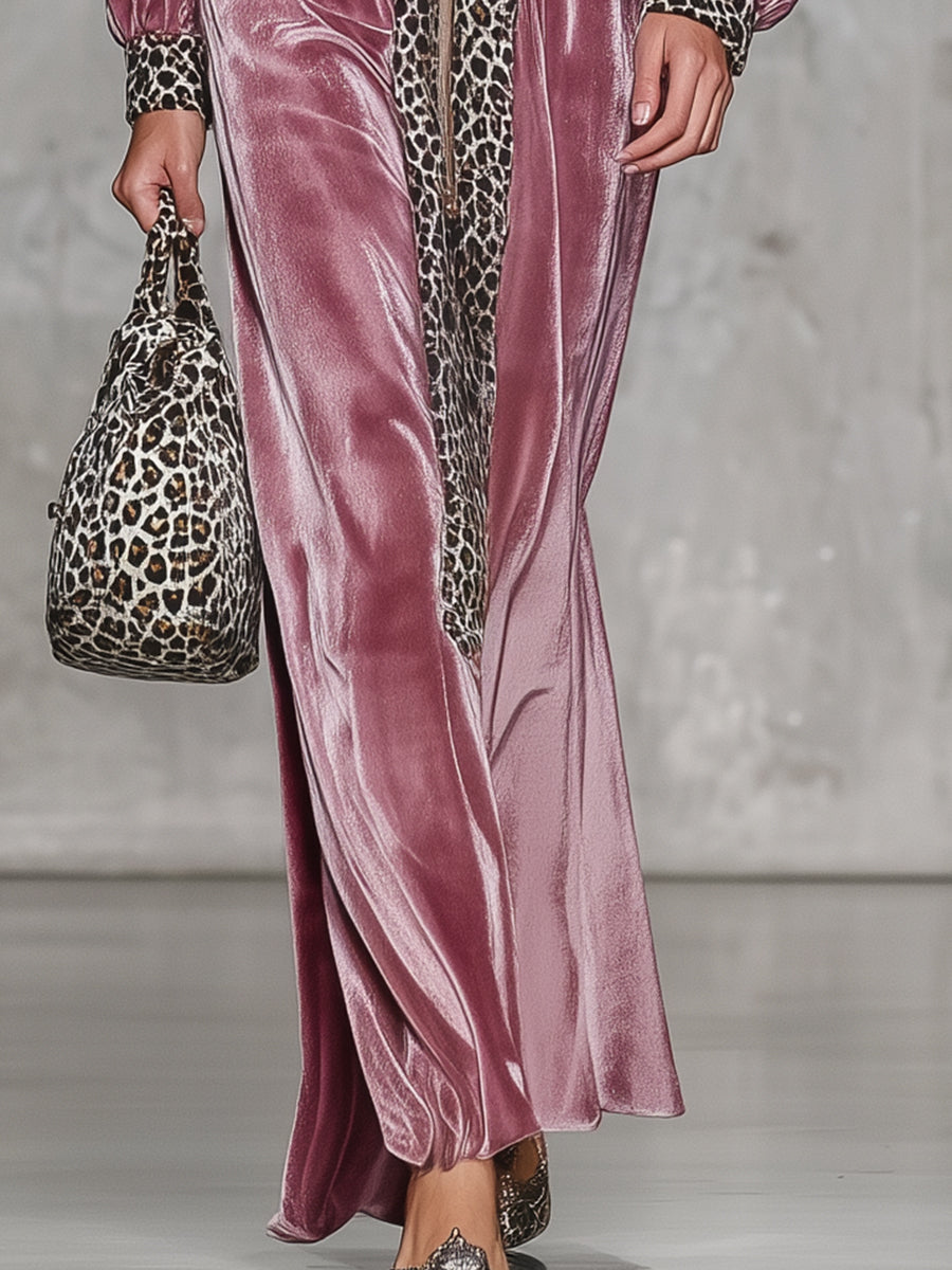Fashionable Pink Velvet Patchwork Leopard Print Zipper Straight Maxi Dress