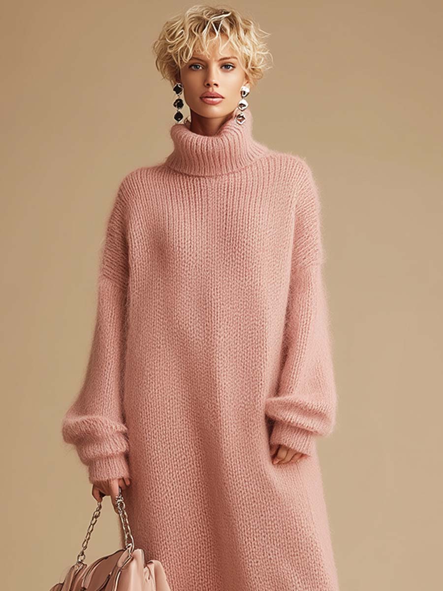 Retro Fashion Pink Turtleneck Furry Hem Knitted Midi Dress