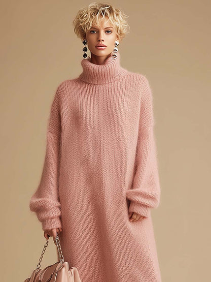 Retro Fashion Pink Turtleneck Furry Hem Knitted Midi Dress