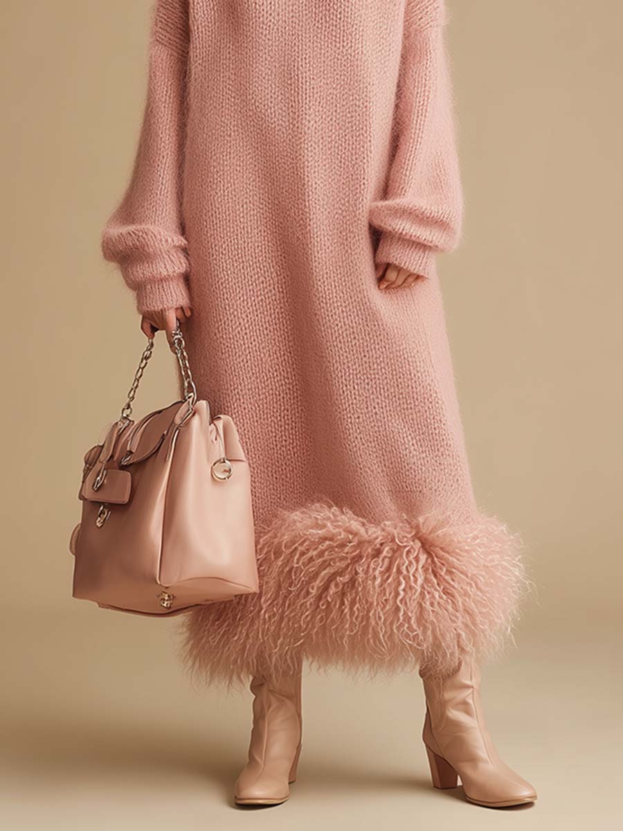 Retro Fashion Pink Turtleneck Furry Hem Knitted Midi Dress
