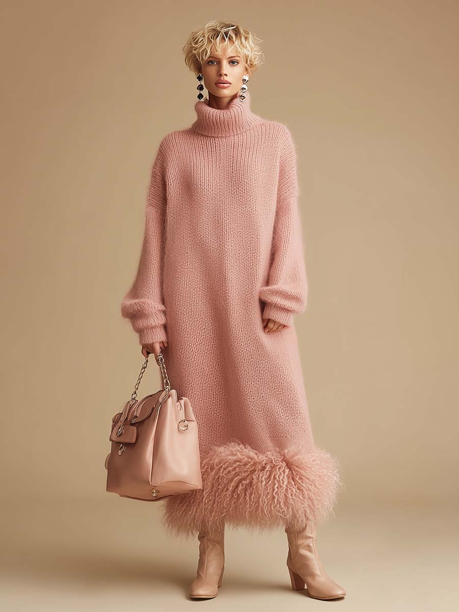 Retro Fashion Pink Turtleneck Furry Hem Knitted Midi Dress