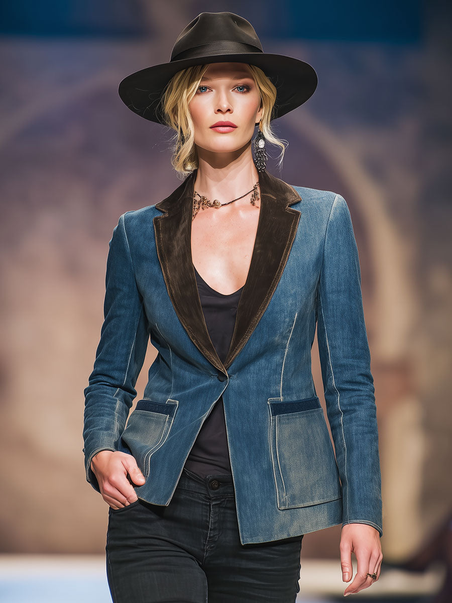 Stylish Retro Brown Collar Blue Denim Blazer