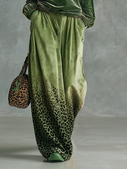 Green Leopard Print Velvet Trousers