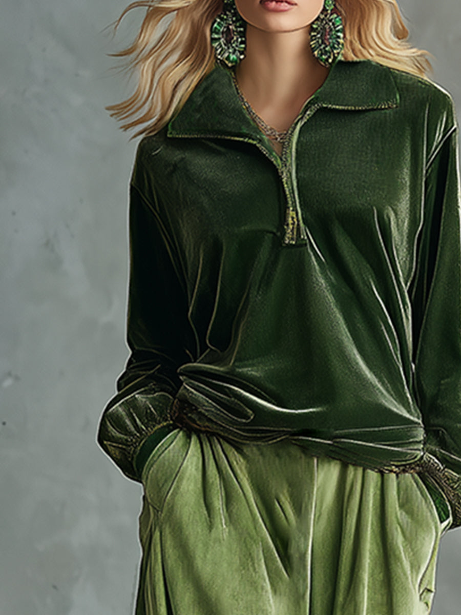 Trendy Retro Sporty Green Velvet Top
