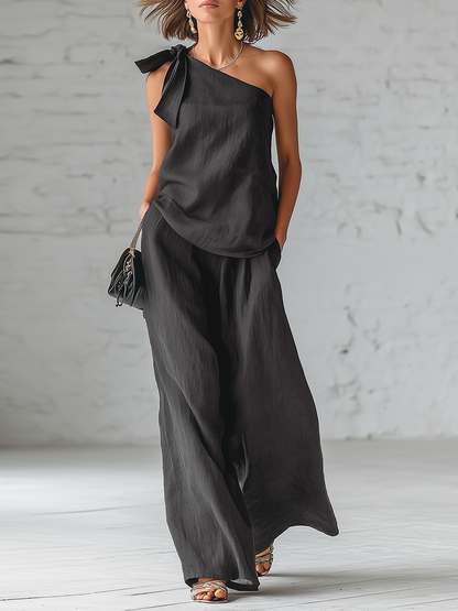 Gray Cotton And Linen Sleeveless One Shoulder Top With Tie Detail And Wide Leg Pants Set