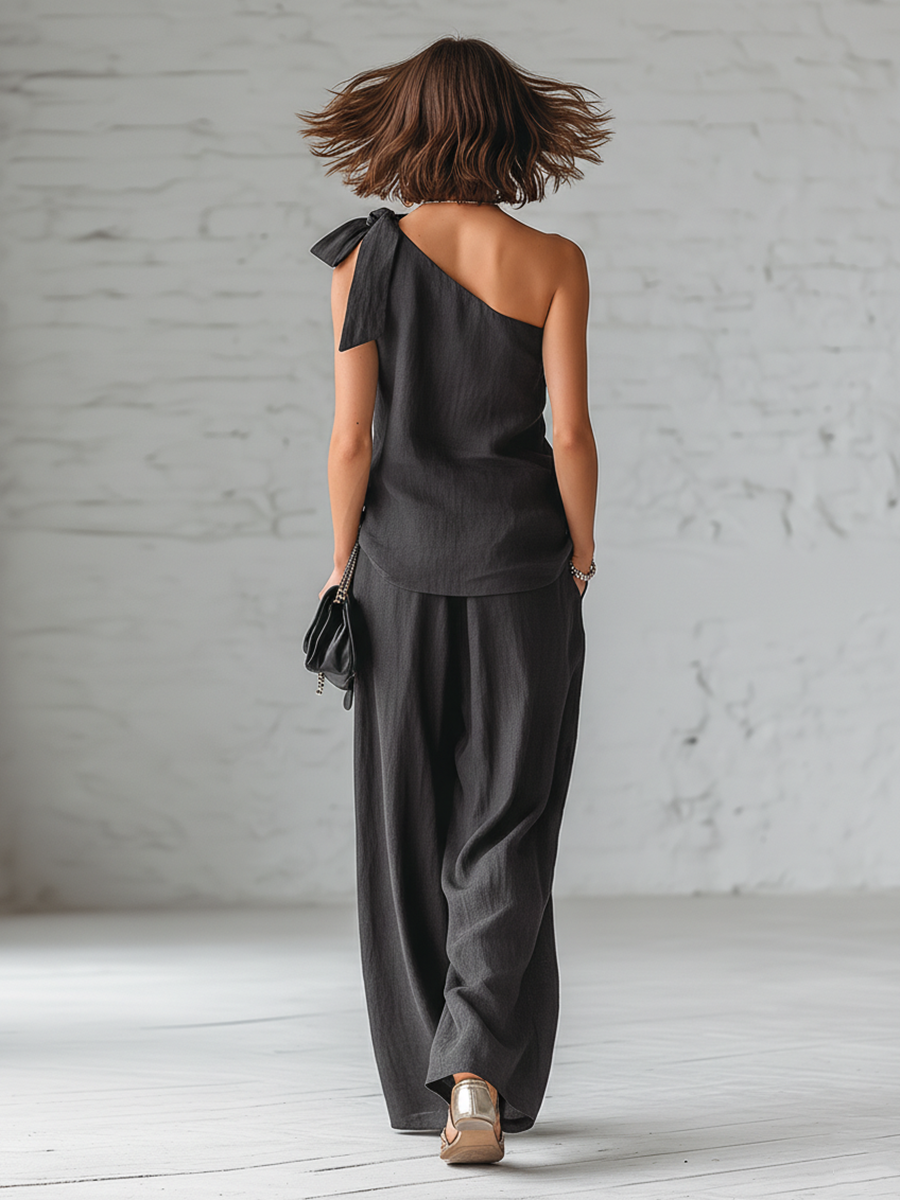Gray Cotton And Linen Sleeveless One Shoulder Top With Tie Detail And Wide Leg Pants Set