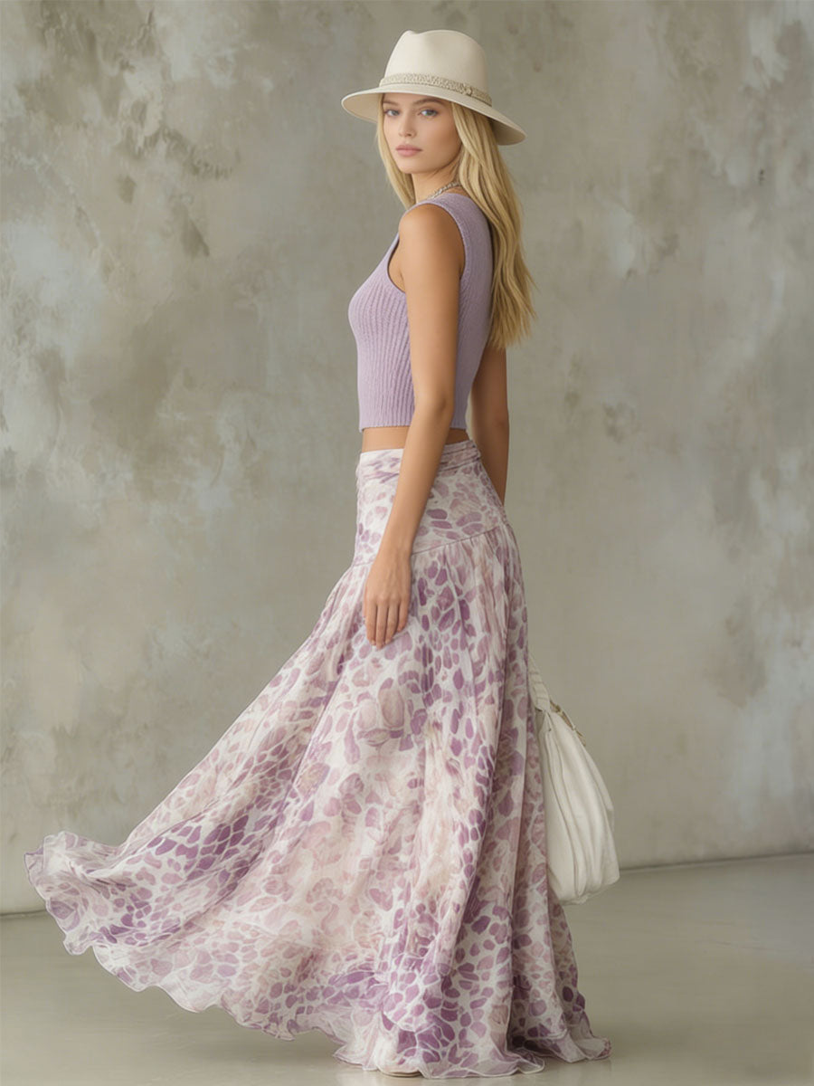 Fitted V-neck Sleeveless Knit Top And Leopard Print Chiffon Skirt Set