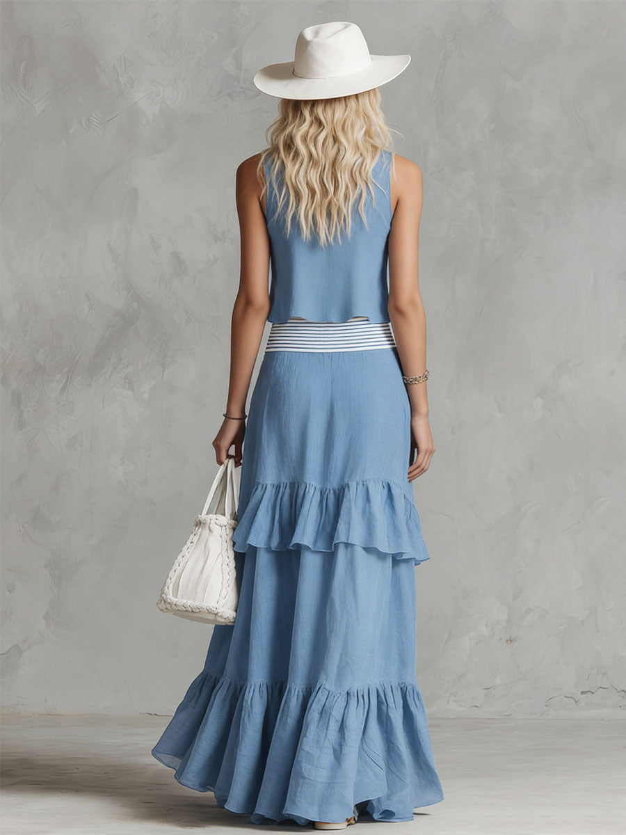 Blue Cotton And Linen Sleeveless Top And Skirt Set