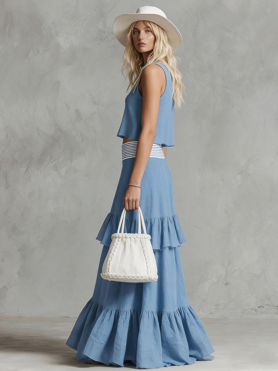 Blue Cotton And Linen Sleeveless Top And Skirt Set