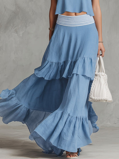 Blue Cotton And Linen Sleeveless Top And Skirt Set