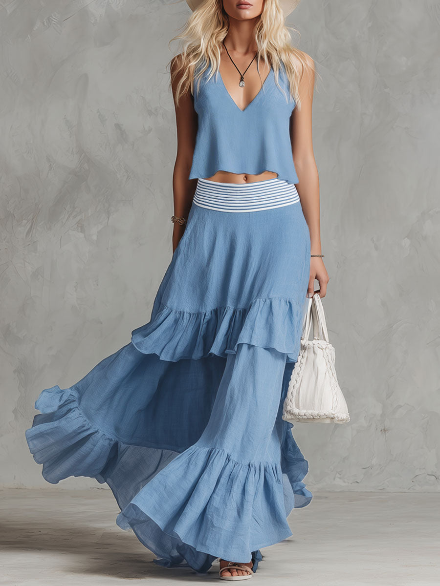 Blue Cotton And Linen Sleeveless Top And Skirt Set