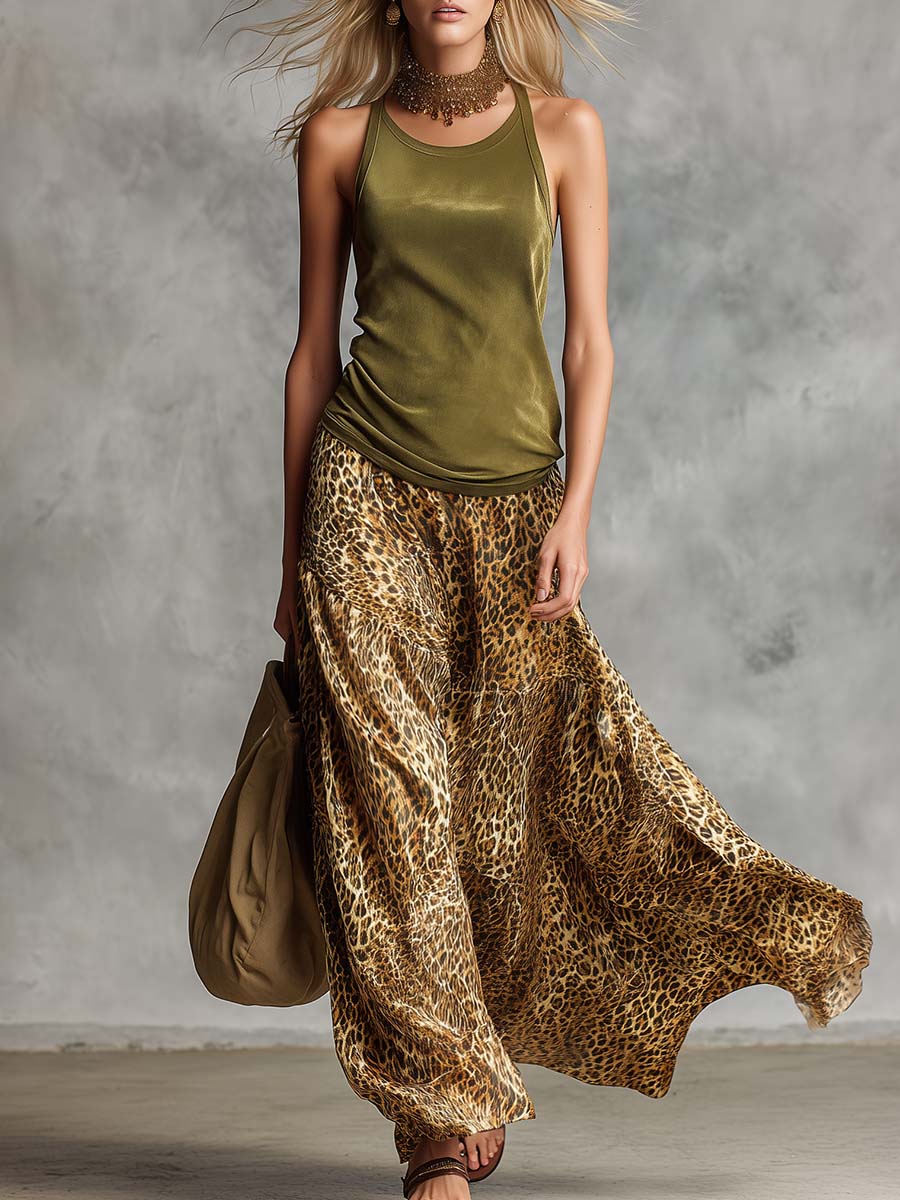 Retro Western Olive Green Faux Suede Top And Flowy Leopard Print Chiffon Skirt Set