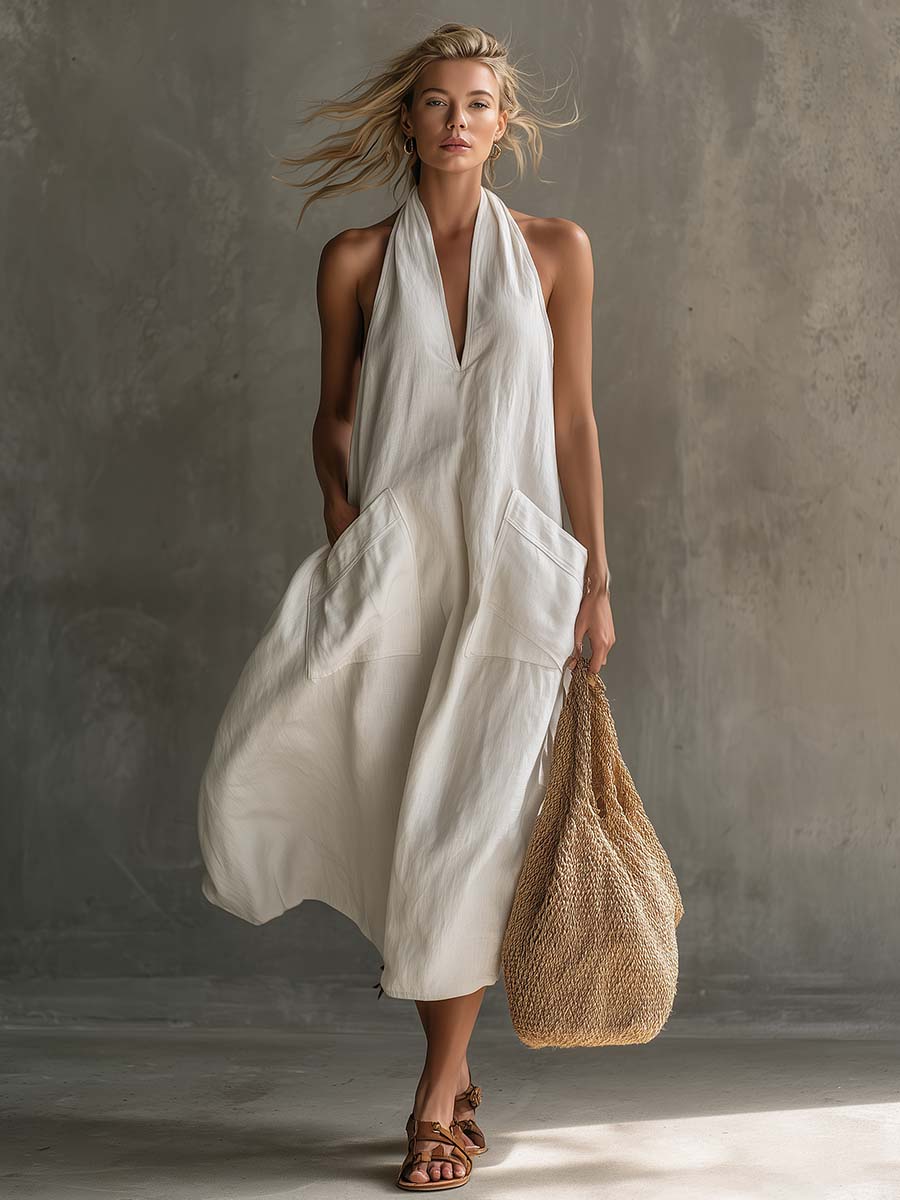 Casual Retro Vacation V-Neck Patch Pockets White Cotton Linen Midi Dress