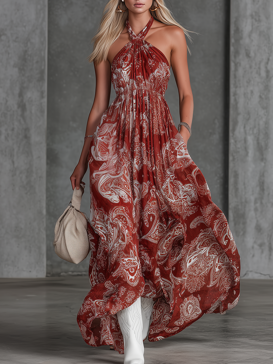 Retro Bohemian Vacation-Style Paisley Print Chiffon Halter Maxi Dress