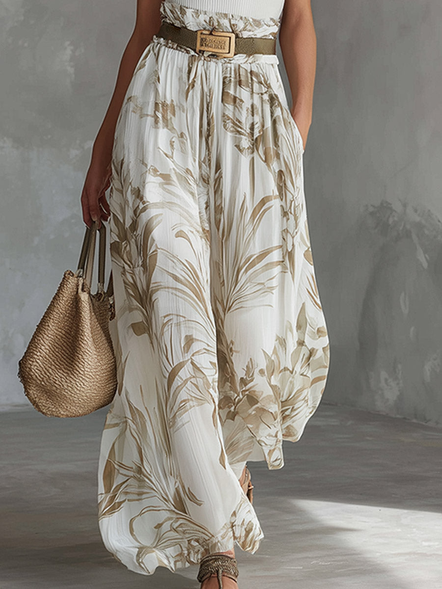 Elegant White Breathable Knit Tank Top Printed Chiffon Wide-Leg Pants Set