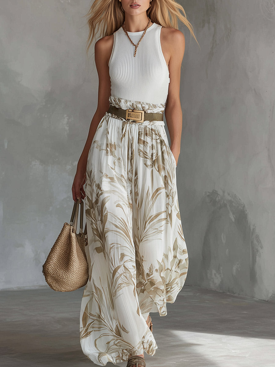 Elegant White Breathable Knit Tank Top Printed Chiffon Wide-Leg Pants Set