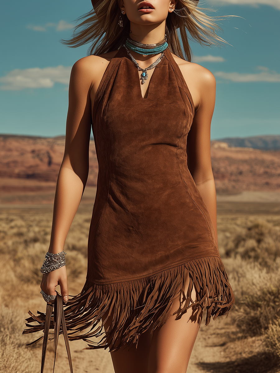 Bohemian Western-Style Halter Tassel Design Faux Suede Mini Dress