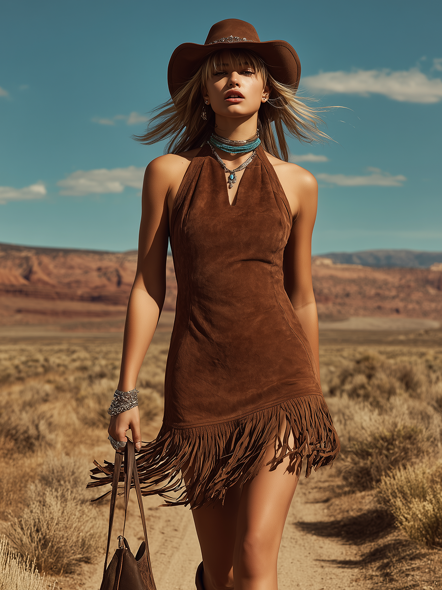 Bohemian Western-Style Halter Tassel Design Faux Suede Mini Dress