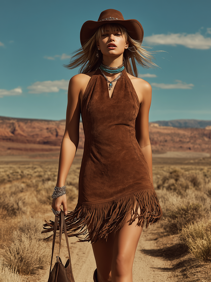Bohemian Western-Style Halter Tassel Design Faux Suede Mini Dress
