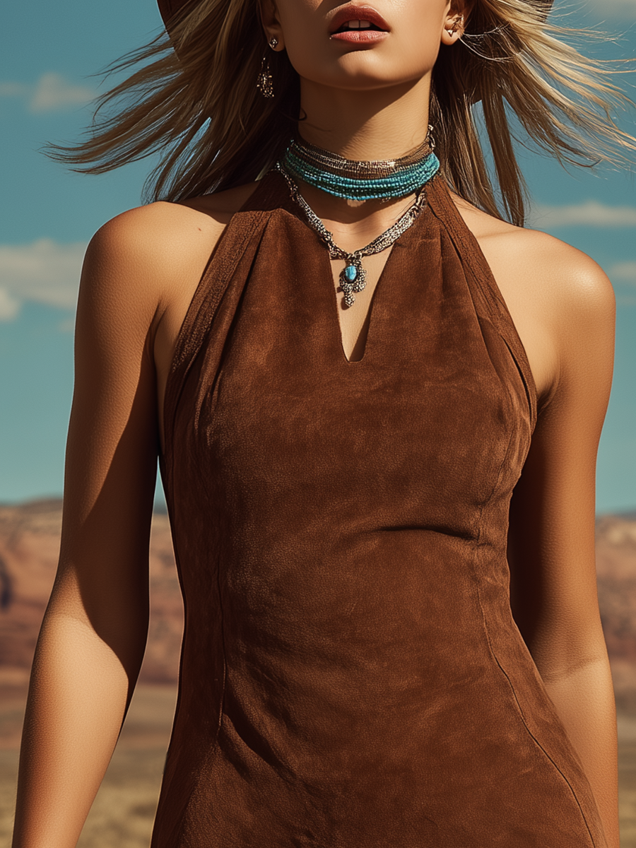 Bohemian Western-Style Halter Tassel Design Faux Suede Mini Dress