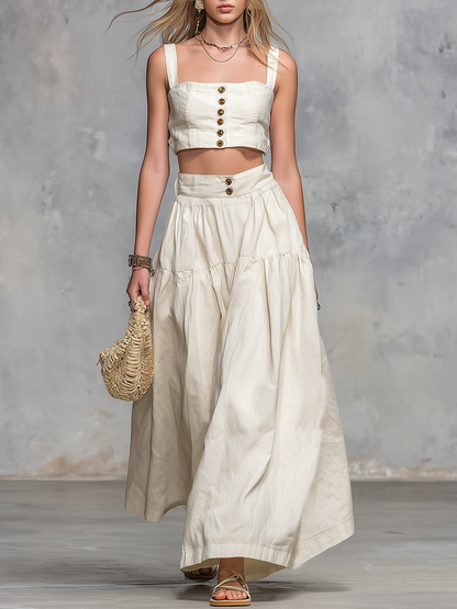 Casual And Stylish Square-neck Sleeveless Cropped Top And Long Skirt Set