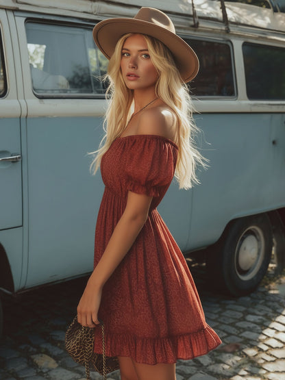 Retro Textured Printed Off-shoulder Short-sleeved Chiffon Mini Dress