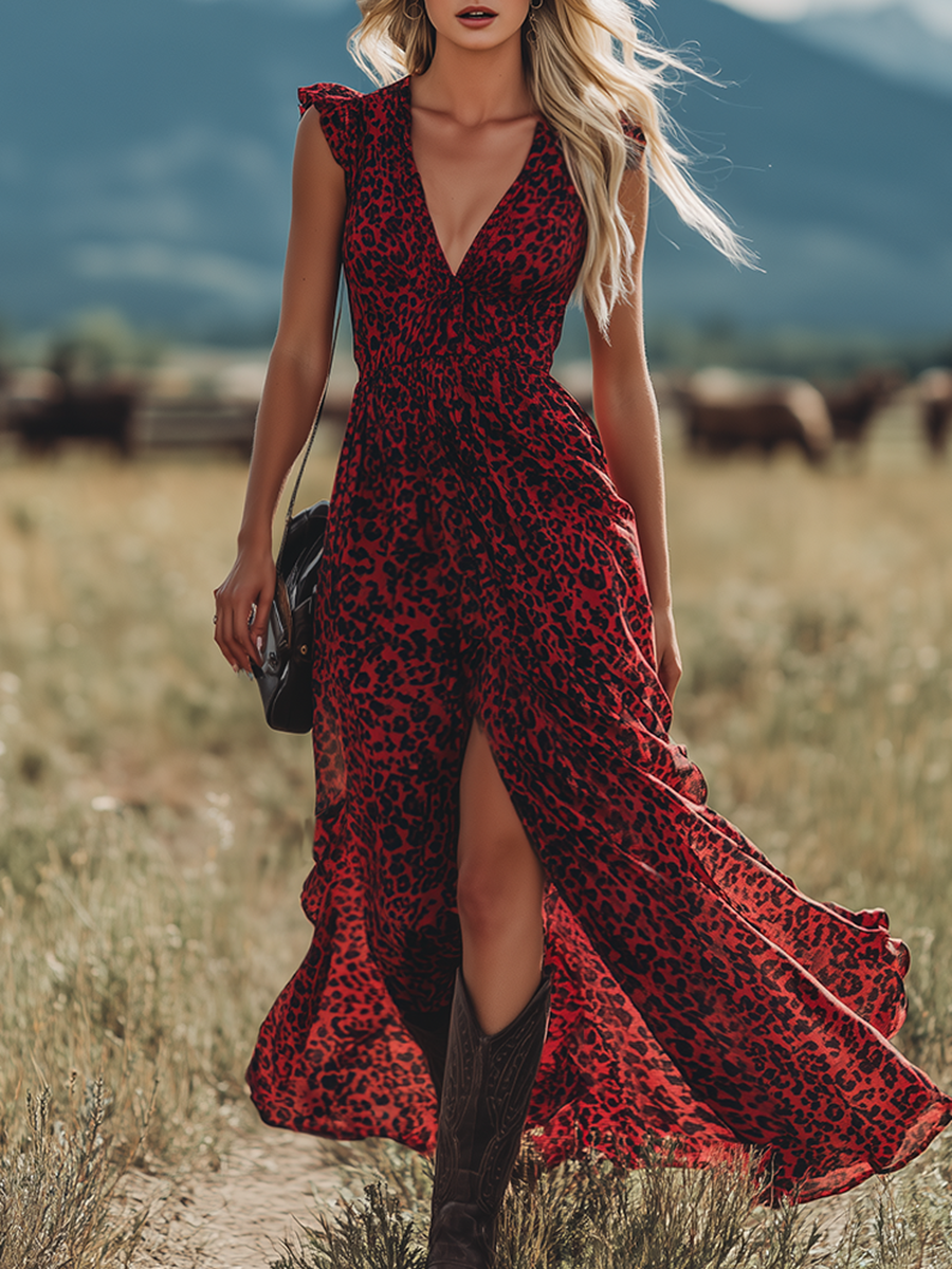 Western Bohemian Style V-neck Leopard Print Sleeveless Chiffon Maxi Dress