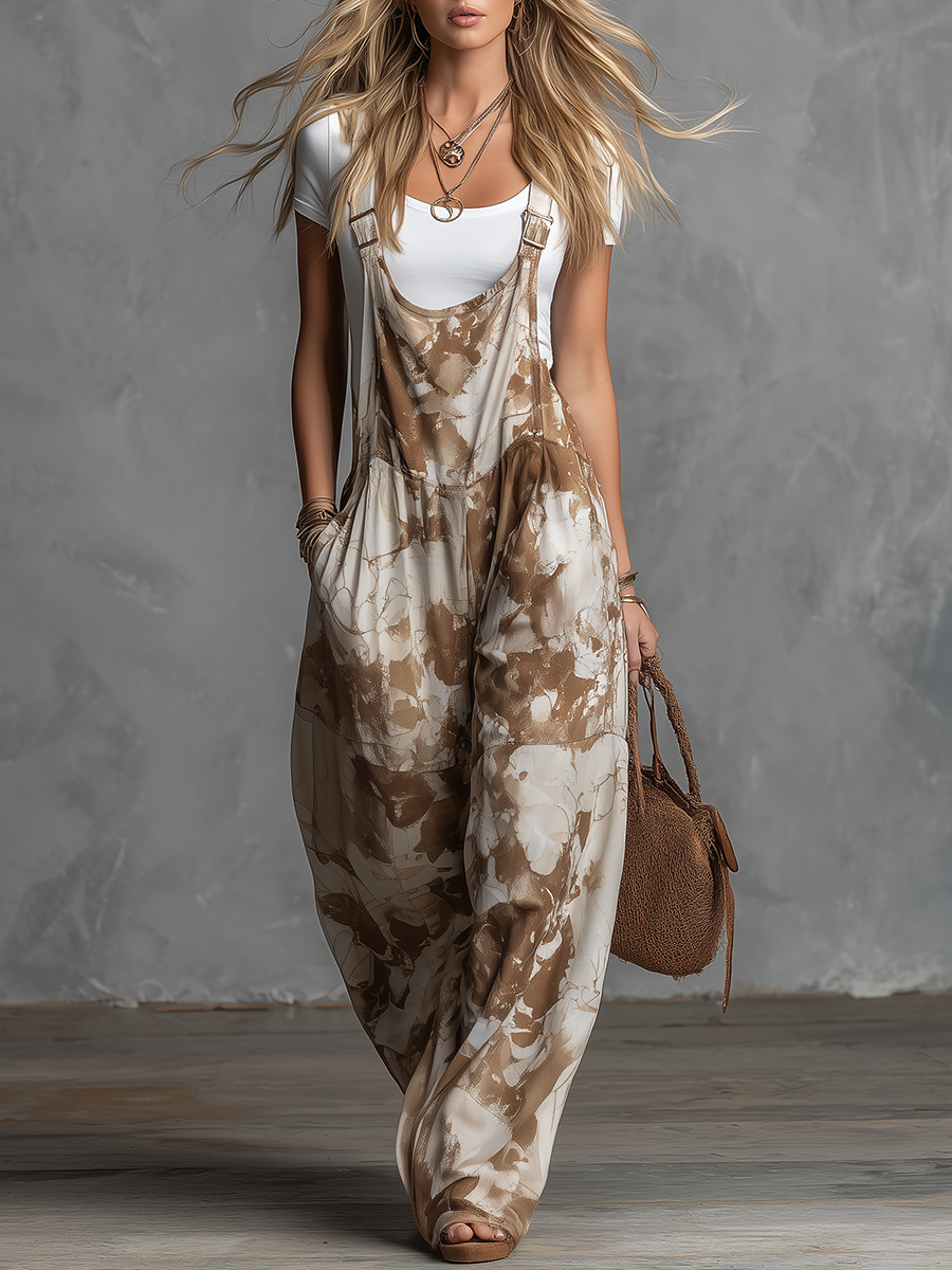 Retro Relaxed Casual Sleeveless Printed Chiffon Overalls