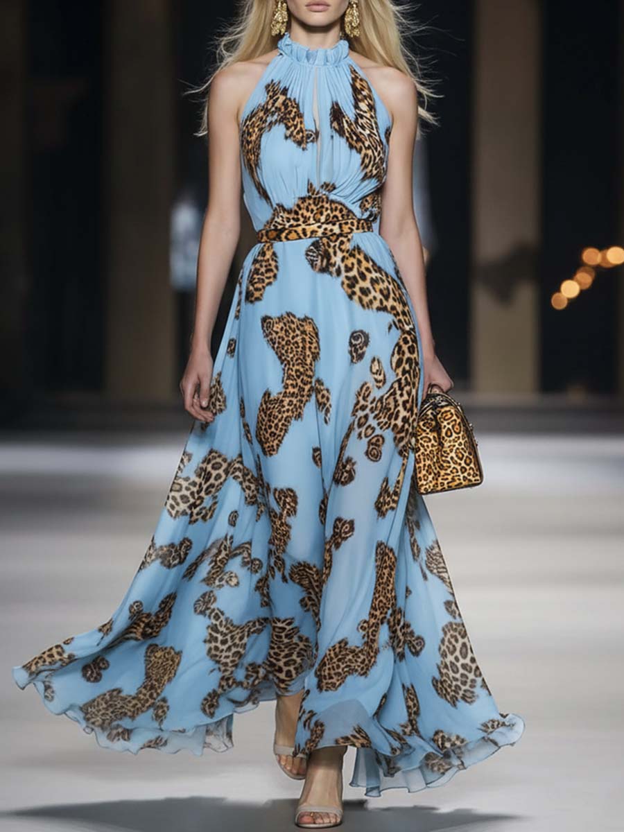 Retro Flowy Vacation Leopard Print Sky Blue Chiffon Halter Maxi Dress