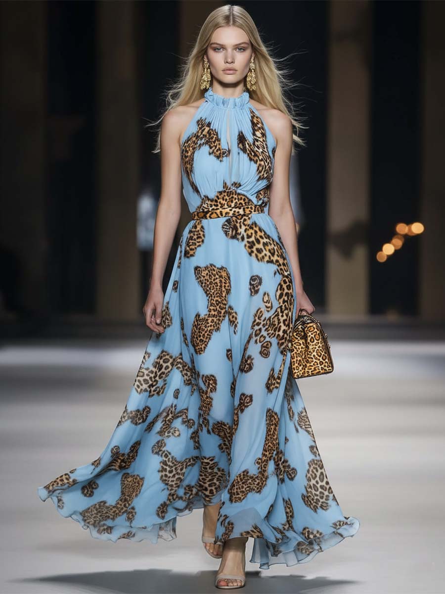 Retro Flowy Vacation Leopard Print Sky Blue Chiffon Halter Maxi Dress