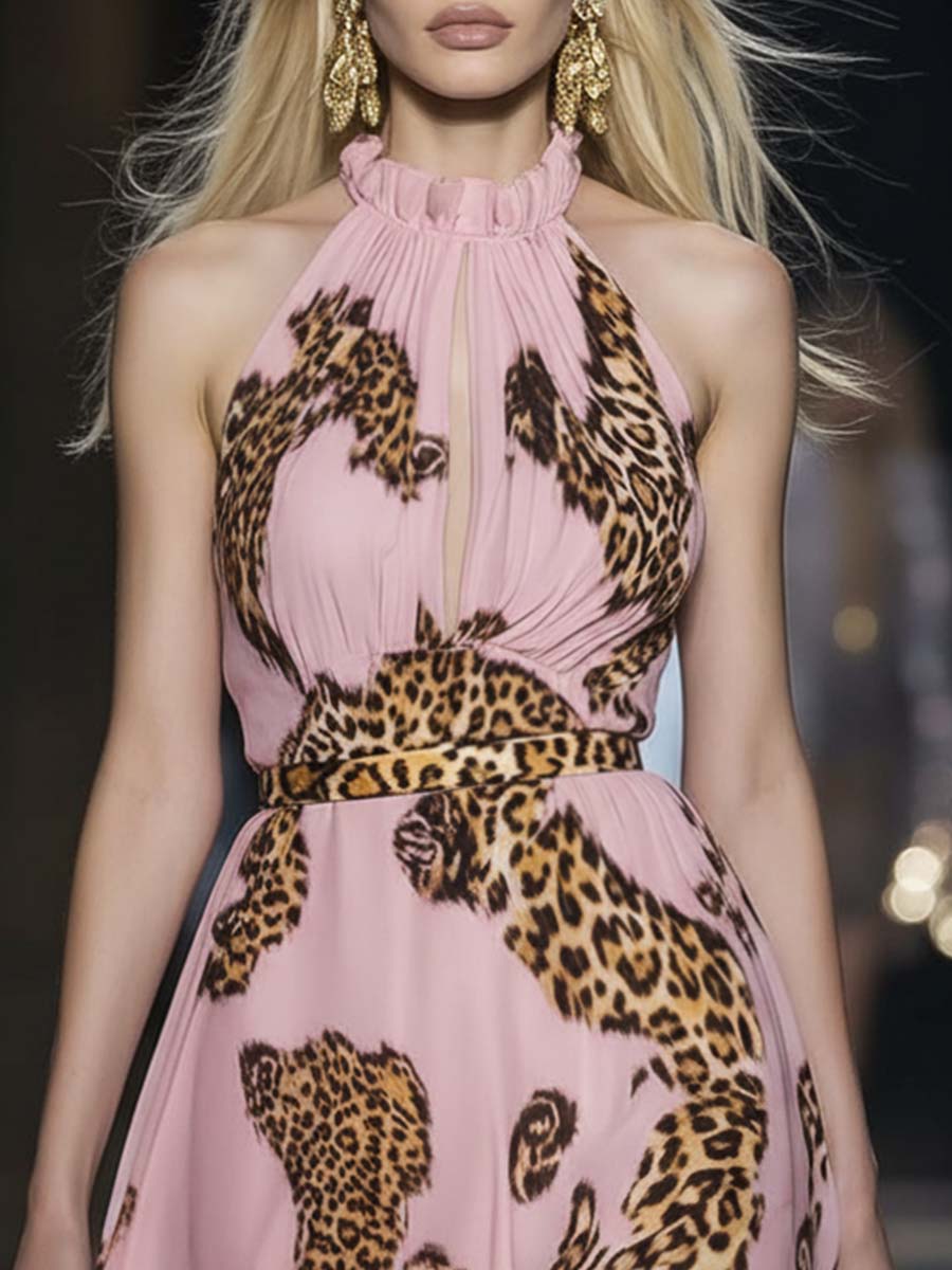 Retro Flowy Vacation Halter Neck Leopard Print Pink Chiffon Mini Dress