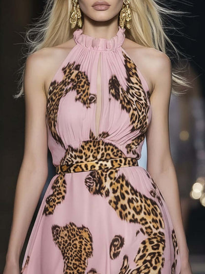 Retro Flowy Vacation Halter Neck Leopard Print Pink Chiffon Mini Dress