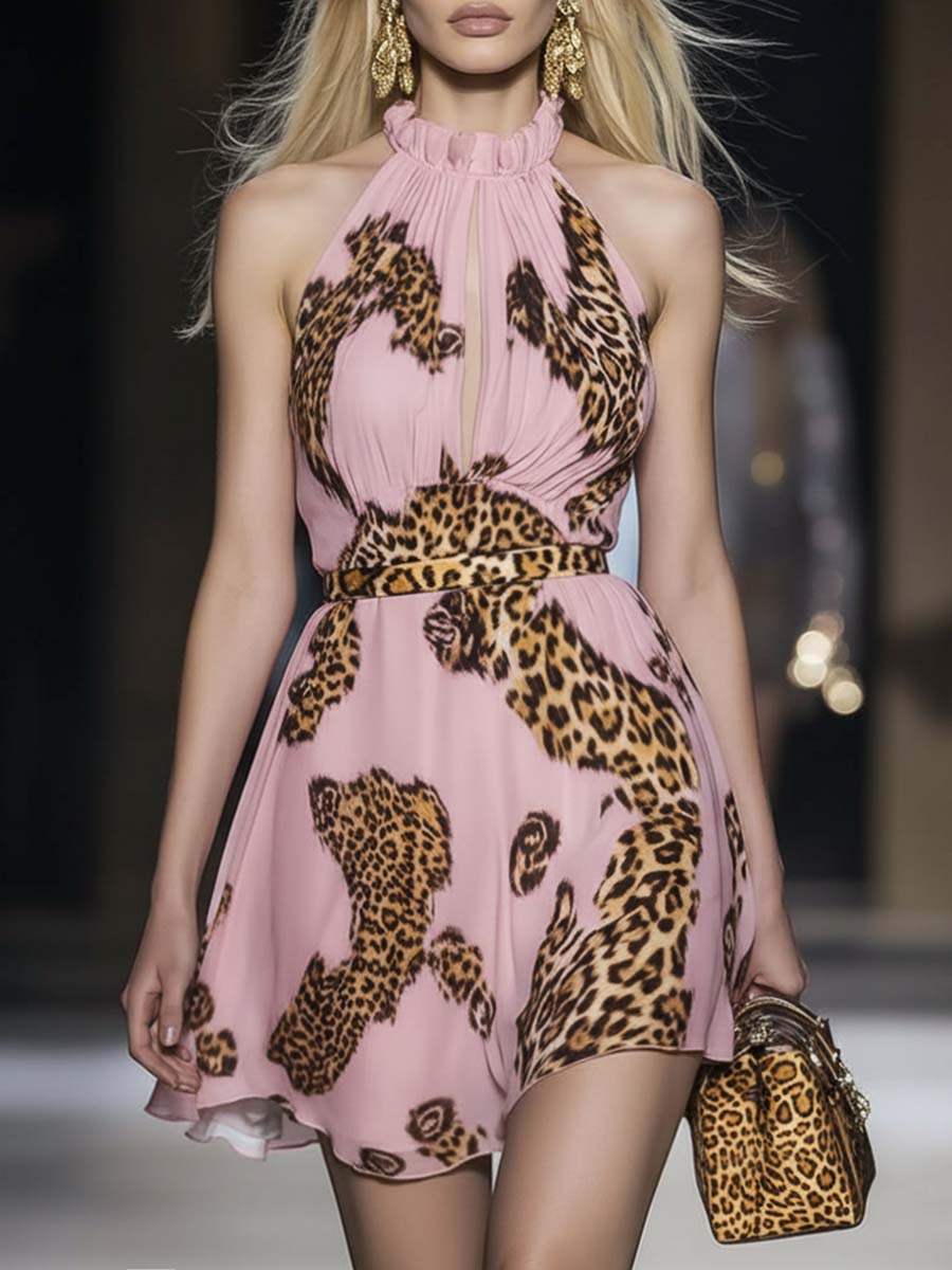 Retro Flowy Vacation Halter Neck Leopard Print Pink Chiffon Mini Dress