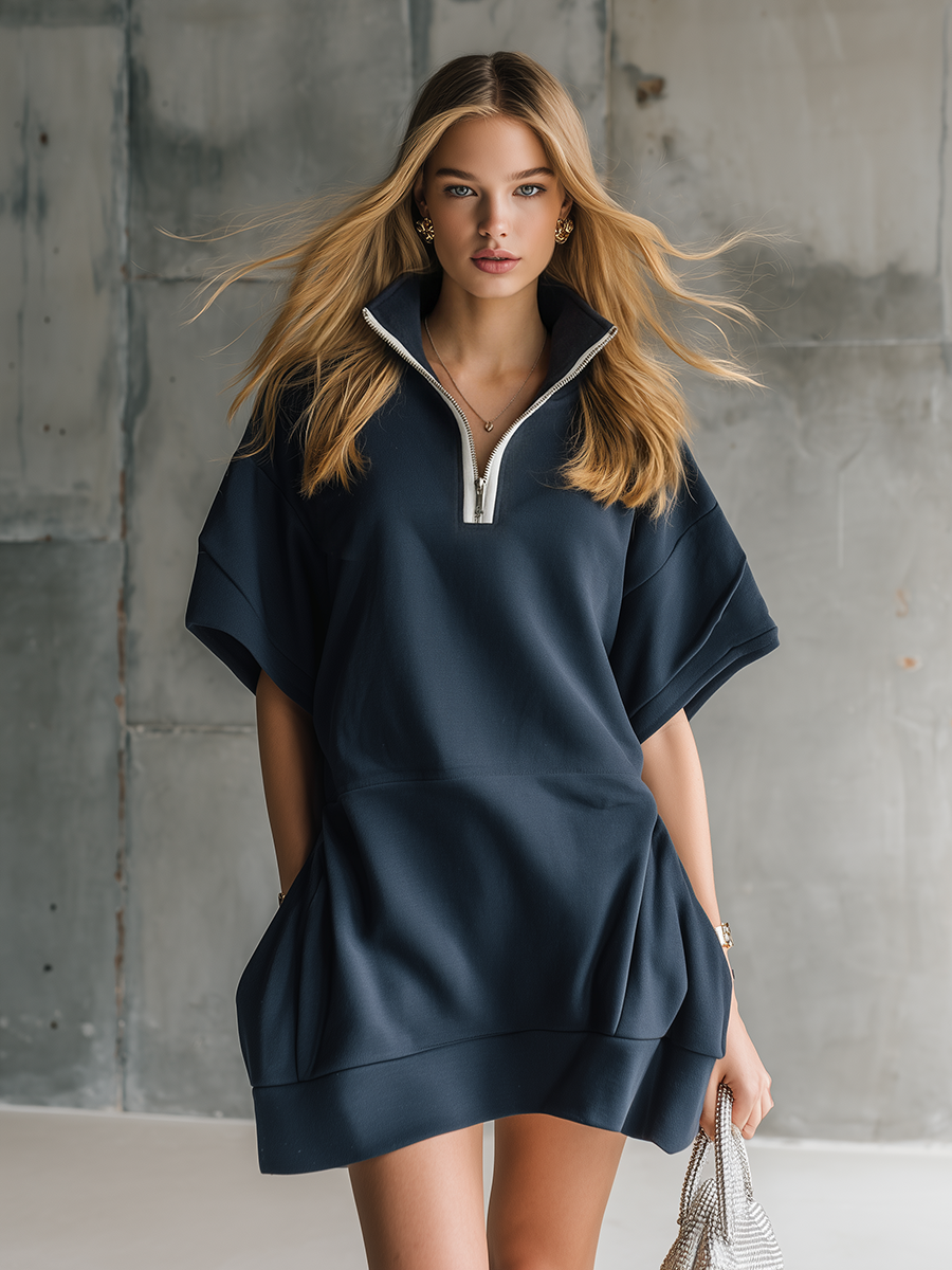 Athletic-Casual Half-Zip Stand-Collar Short-Sleeve Mini Dress