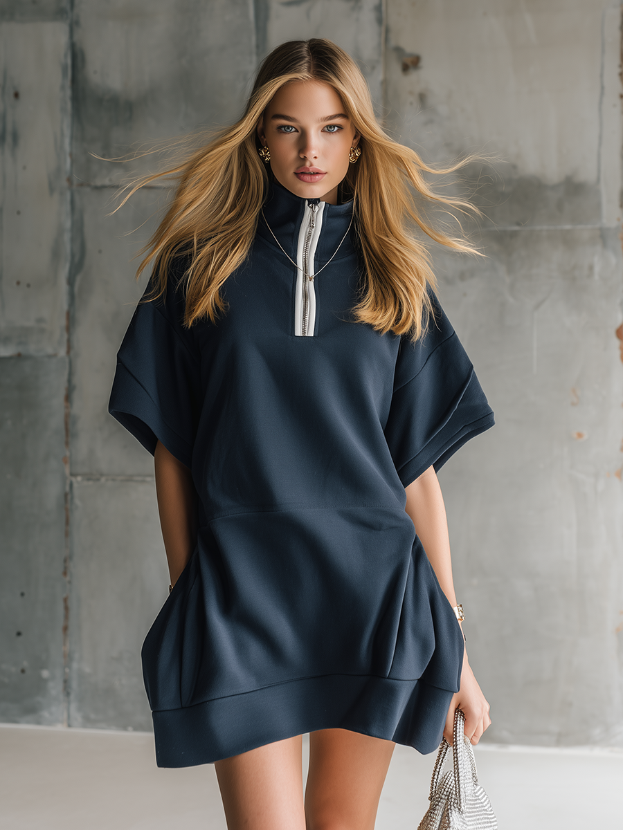 Athletic-Casual Half-Zip Stand-Collar Short-Sleeve Mini Dress