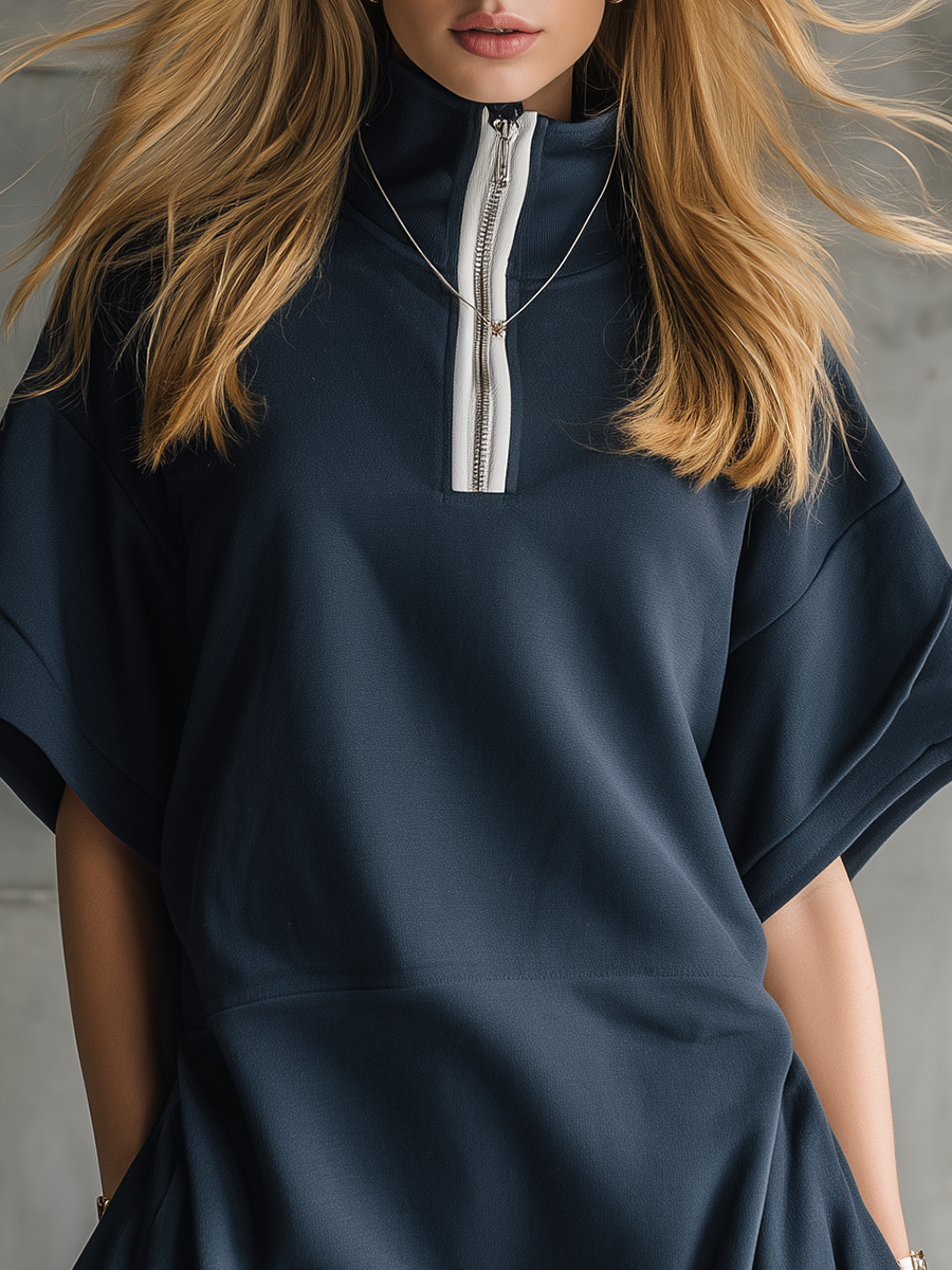 Athletic-Casual Half-Zip Stand-Collar Short-Sleeve Mini Dress