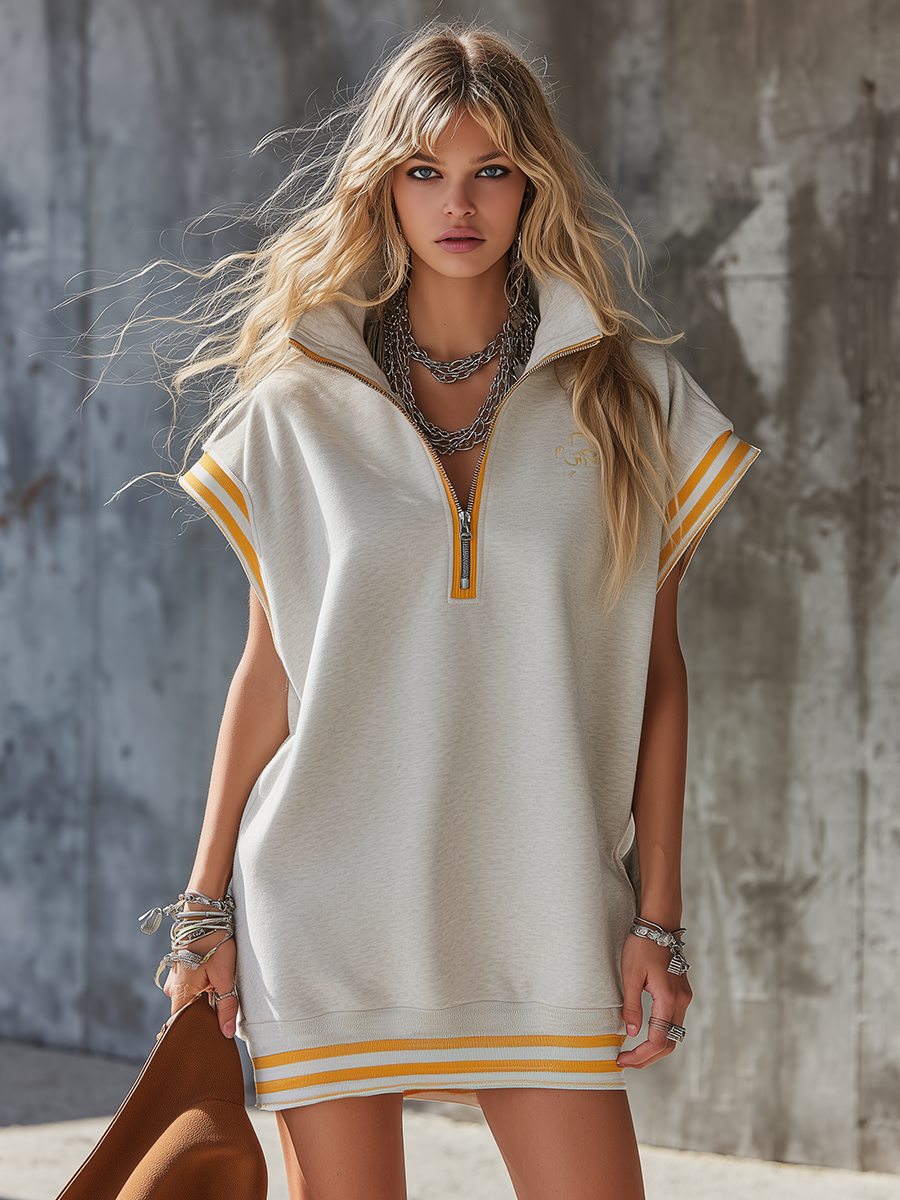 Retro-Sporty Half-Zip Contrast Striped Trim Wide Shoulders Sleeveless Mini Dress