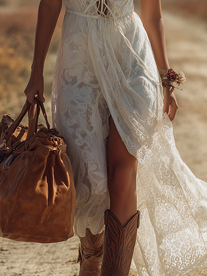Chic Western-Style White Lace-Up V-Neck Short-Sleeve Maxi Dress