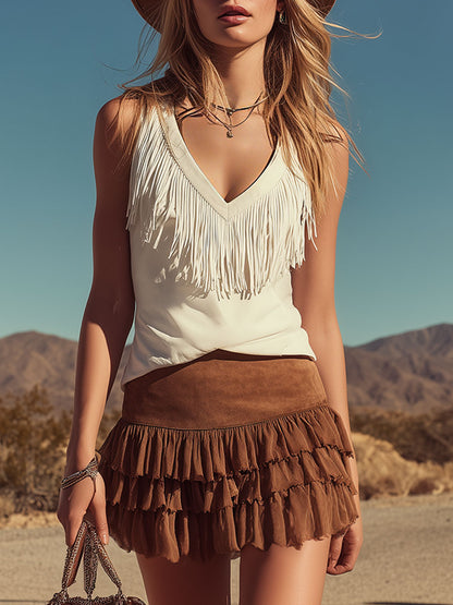 Western Retro Style Fringed White Sleeveless Faux Suede Top And Brown Skirt Set
