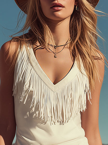 Western Retro Style Fringed White Sleeveless Faux Suede Top And Brown Skirt Set