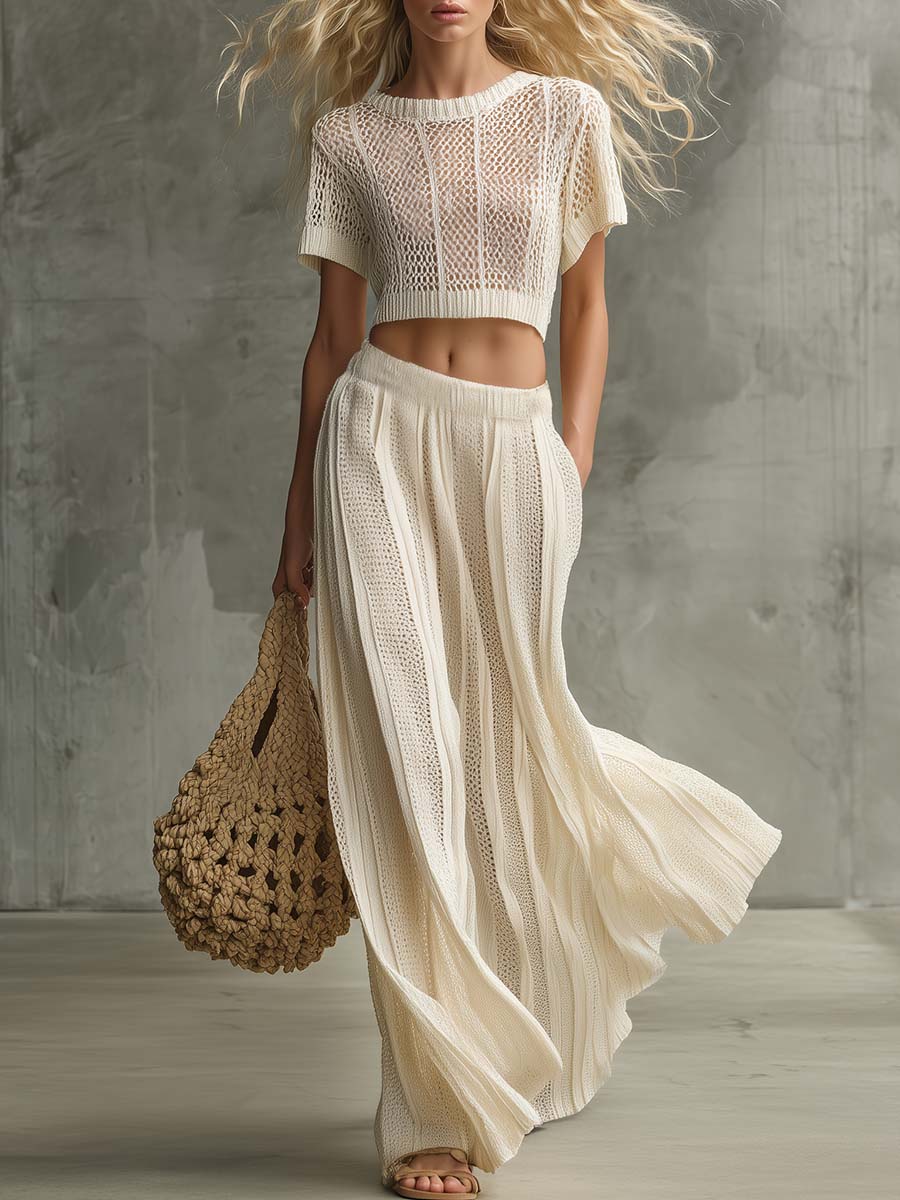 Breathable Stylish Vacation Cream Open-Knit Crewneck Top And Maxi Skirt Set