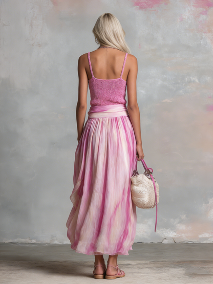 Retro-style Knitted Camisole Top And Printed Chiffon Skirt Set