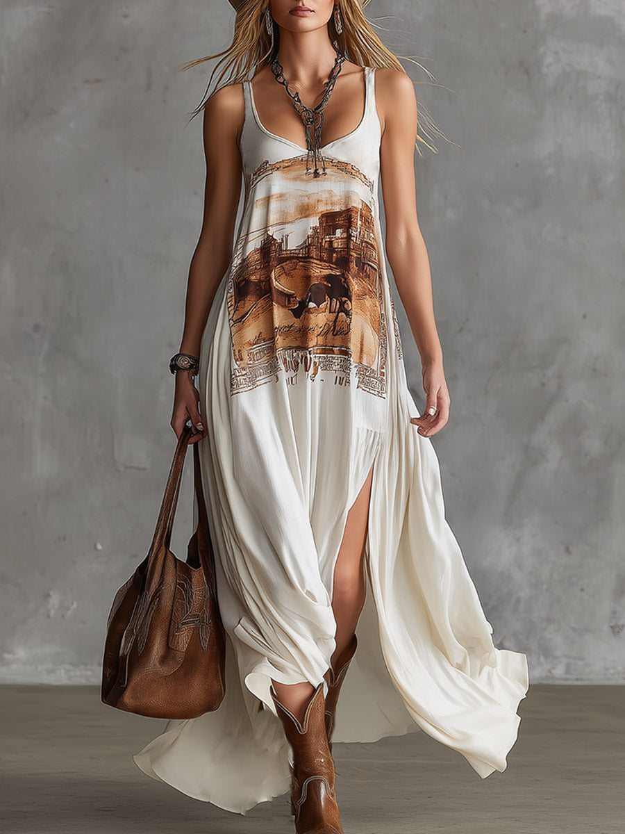Retro Western Print White Chiffon Sleeveless Maxi Dress